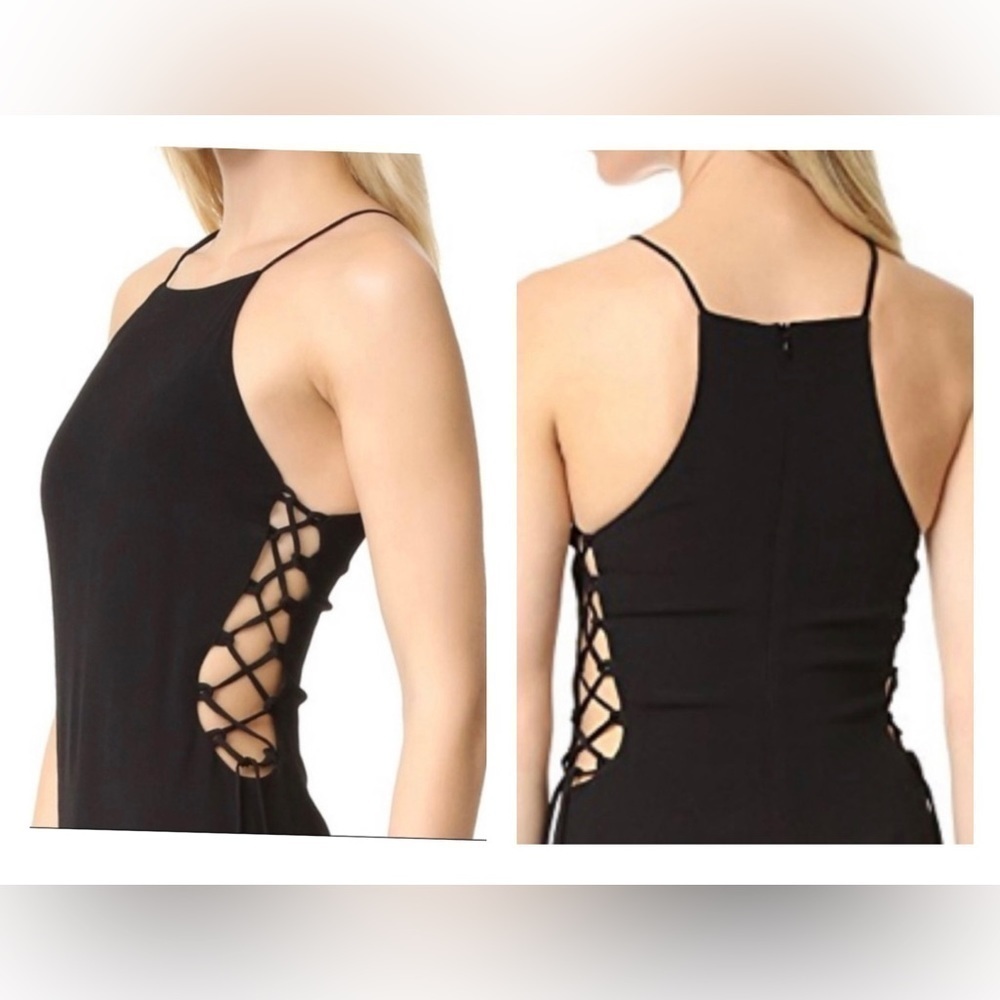 Bec & Bridge High Neck Sleeveless Side Lace Up Midi Dress in Black Sz2